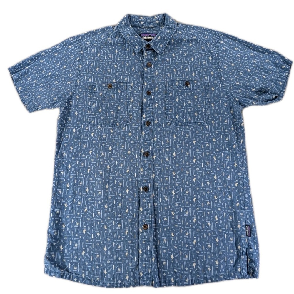 Patagonia Shirt Men's Medium Blue Organic Cotton Hemp Abstract Button Up